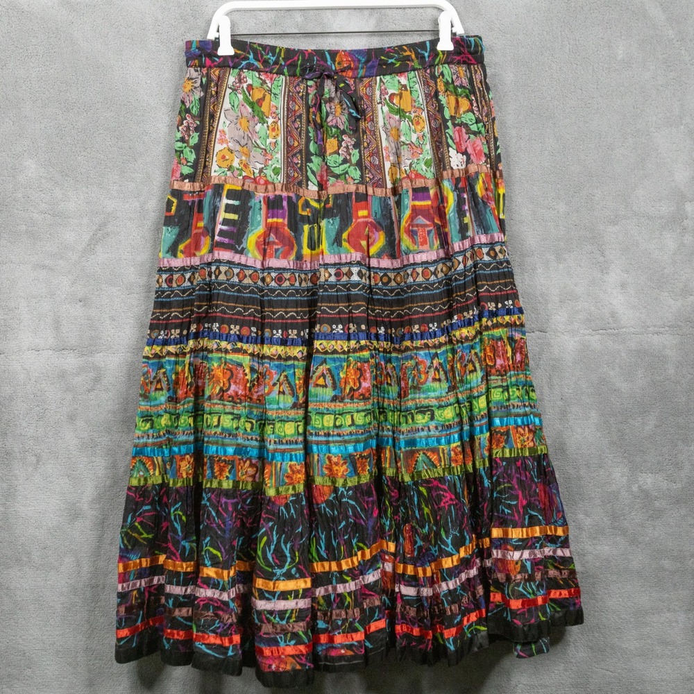 TRAVELSMITH VTG Patchwork Tiered Colorful Gypsy Hippie Broomstick Maxi Skirt PXL